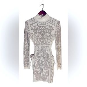 White Gold Rhinestone Short Sexy Dress Sheer Party Club Night.